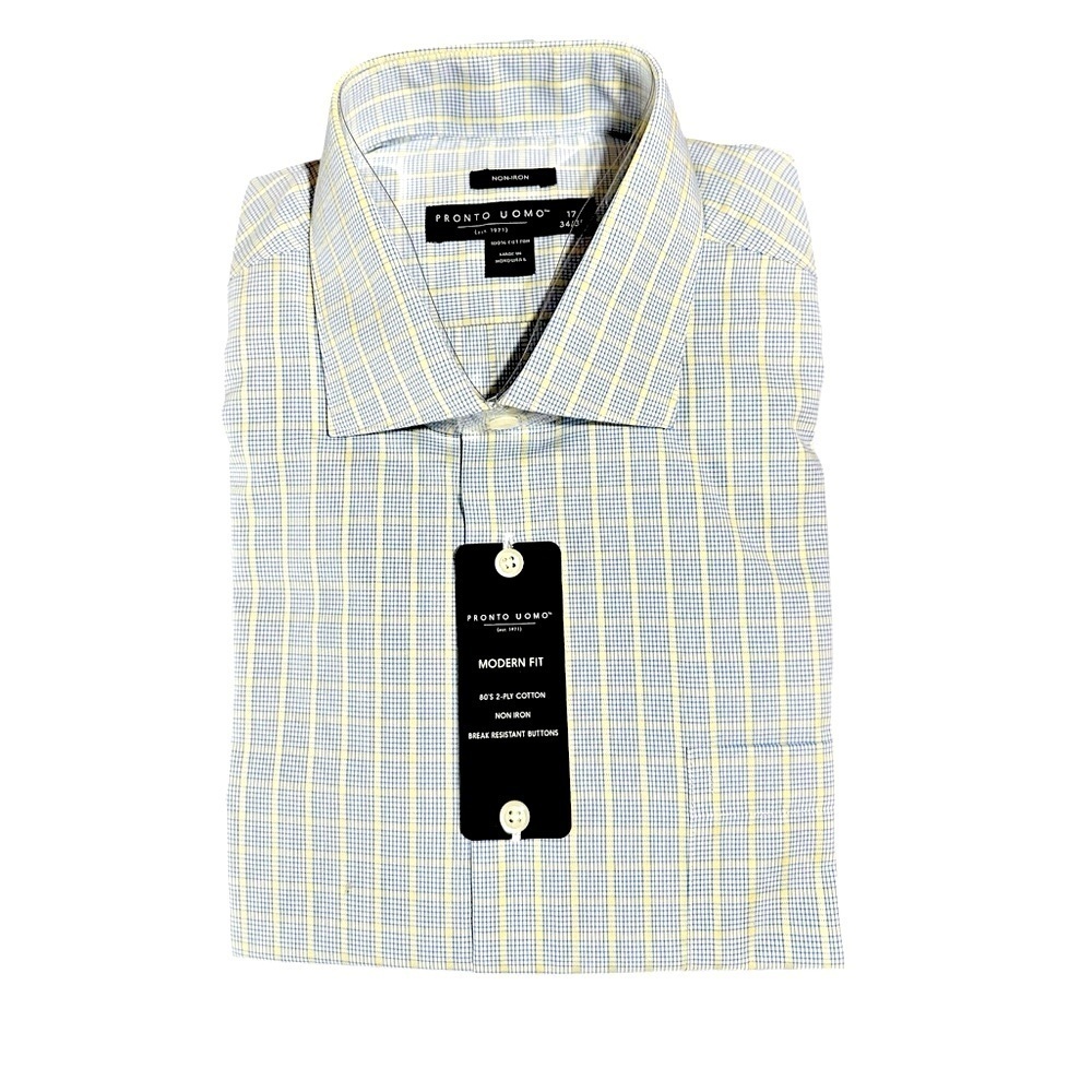 Pronto Uomo Men’s Dress Shirt Modern Fit 17 34/35 Blue Yellow Plaid NWT